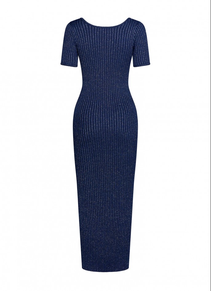 RIBBED KNIT SHORT-SLEEVE MIDI DRESS - METALLIC NAVY